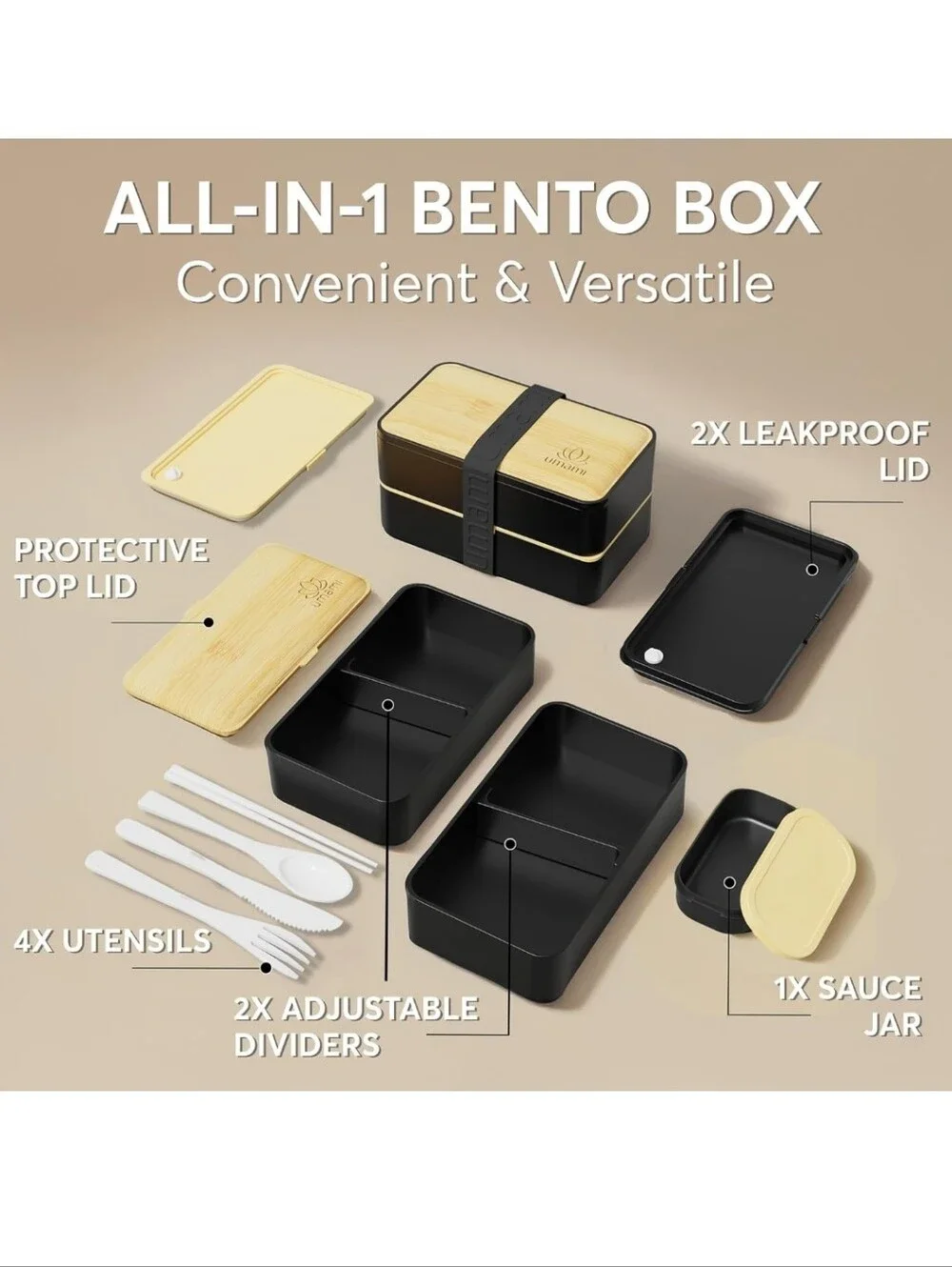 Bamboo Lid Black 3-Tier Bento Box Lunch Container New